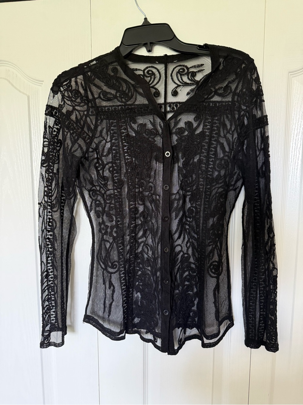Sheer Embroidered Button-Front Top - Black